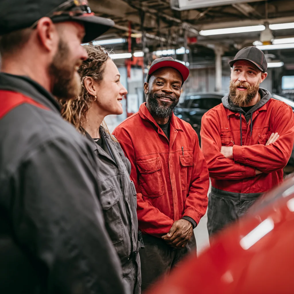 A group of technicians chatting in the body shop