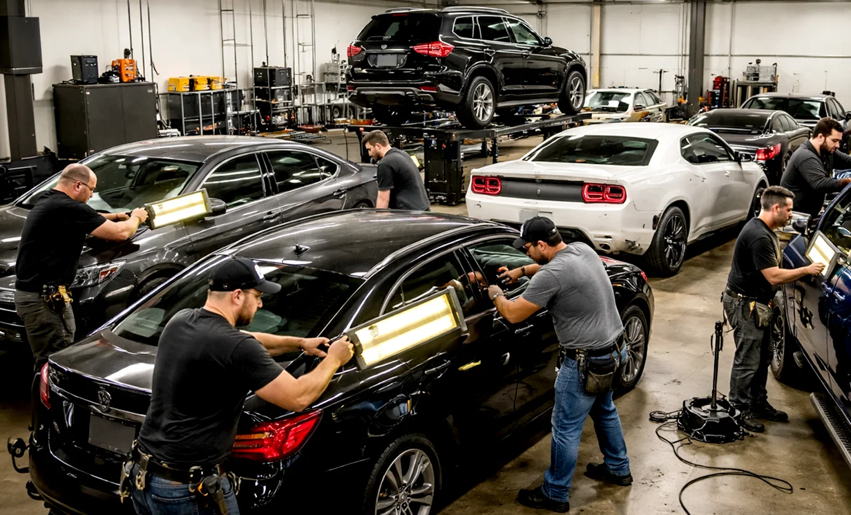 a team of pdr techs working in a shop